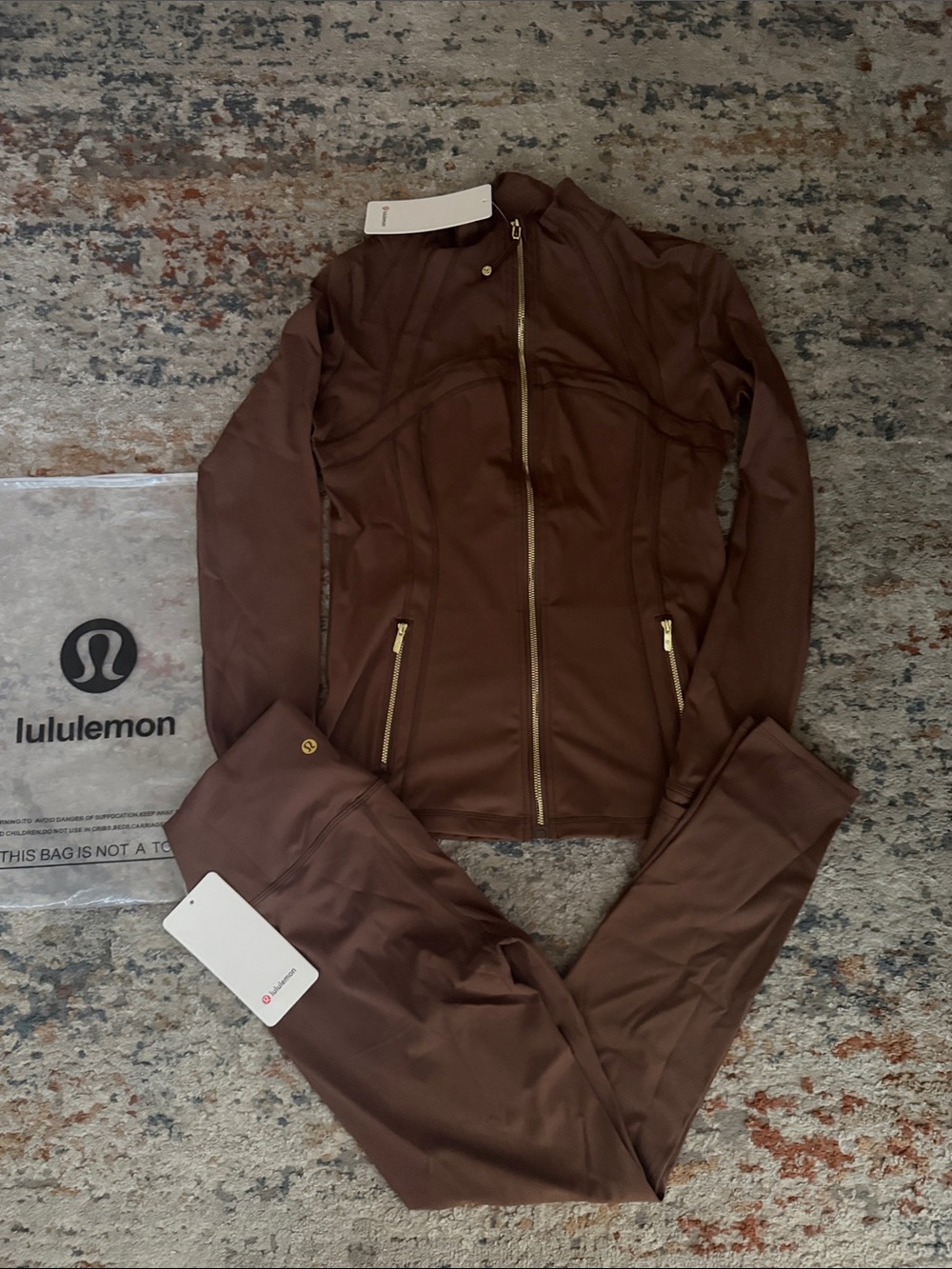 lululemon athletica Brown Zip-Up Jacket and Leggings Set with Gold Accents